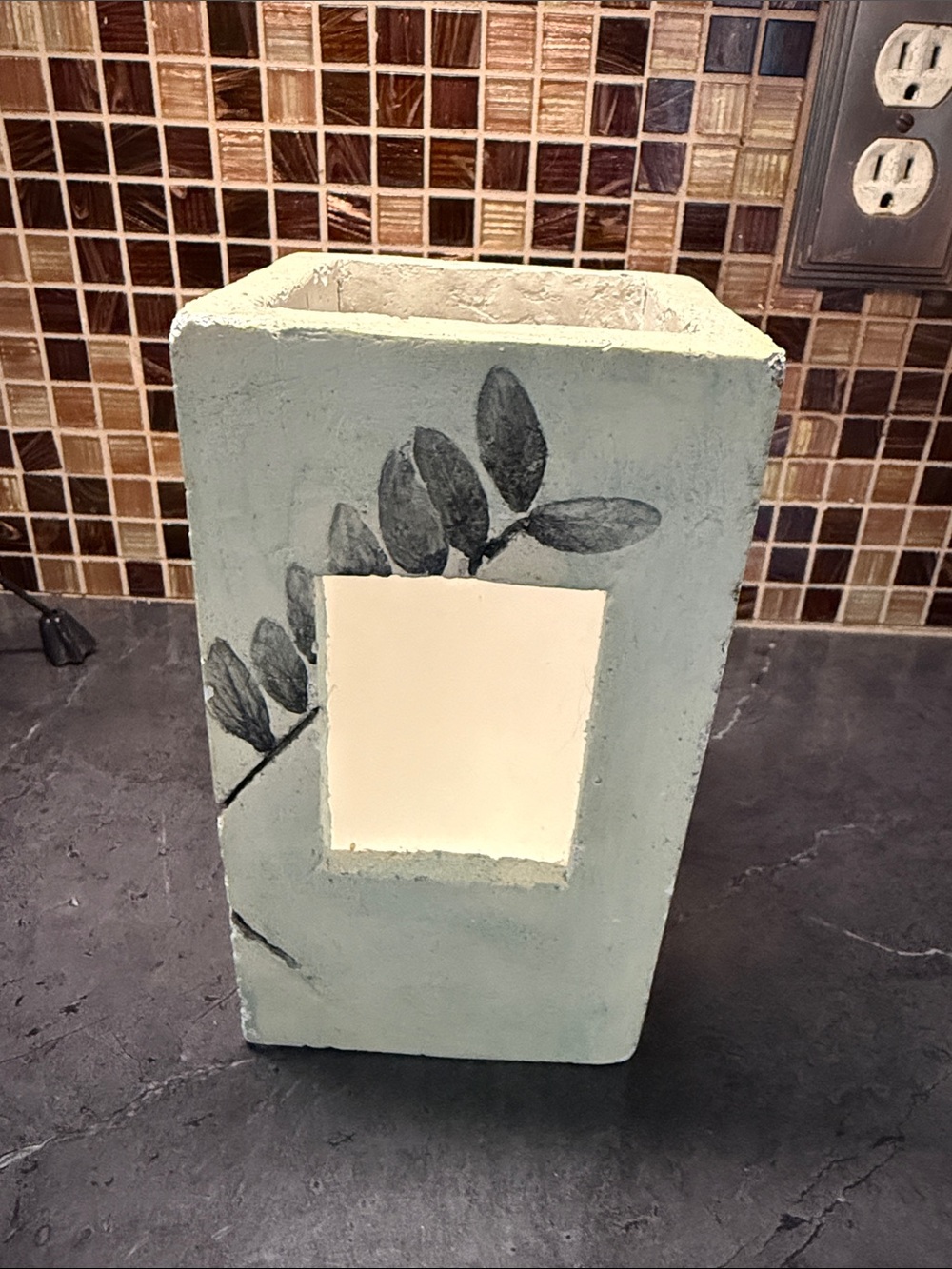 Concrete Decorative Lantern with Leaf Motif in Sage Green